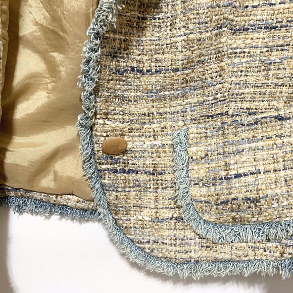 Cache Brown Blue tweed Blazer Jackets Frayed Trim Womens Size 10 - Picture 9 of 14